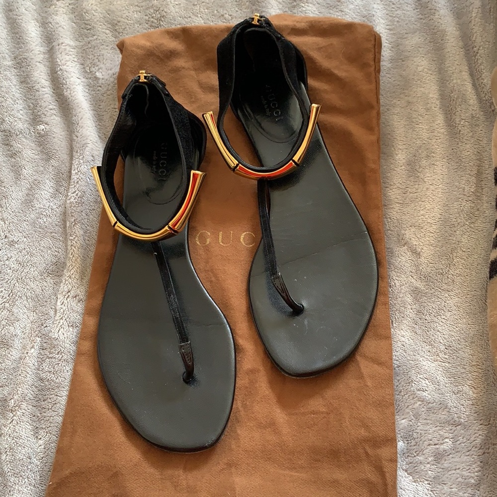 SOLD Gucci Black and Gold Bamboo Sandals